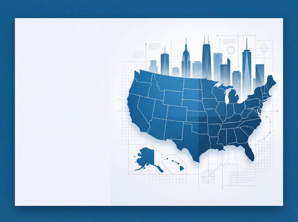 USA-Karte mit Skyline und technischen Zeichnungen