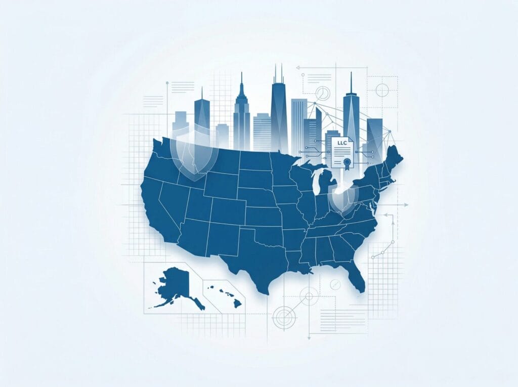 USA-Karte mit Skyline und LLC-Dokument